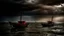 Placeholder: Two decrepit, weather-worn fishing boats peacefully rest on a calm ocean, with a faint red sail or a rusty red buoy adding a pop of color. Dark clouds gather, and black clouds rain in the distance. A cloud of seagulls flies overhead, as the looming silhouettes of aging stilts houses emerge from the thick, misty backdrop.