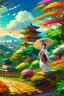 Placeholder: serene and captivating scene of a graceful Japanese woman dressed in an exquisitely designed white kimono adorned with colorful flower patterns. She gently carries a traditional Japanese umbrella as she walks towards a majestic temple. The background showcases a breathtaking panorama of the viewer's landscape, with the temple appearing in the distance. Surrounding the temple, lush green plants and blooming flowers add a touch of vibrant color amidst the pastel yellow and orange hues of the sunri