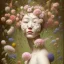 Placeholder: A surrealist painting showcases a woman, surrounded by blooming flowers. This masterpiece was crafted by the talented Ikuo Hirayama and is reminiscent of the works of Naotto Hattori. The subject's detailed face is partially obscured by a mask, and she is draped in a garment of rich green and pink. The painting draws inspiration from the works of Gong Li, Ayami Kojima, and Yoshitaka Amano, as well as Alexey Egorov's style. The woman is surrounded by stems and the piece has a collage-like quality,