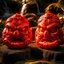 Placeholder: Red lava lakes with angry masks designed in Maori sculpture