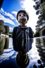 Placeholder: Reflection of boy in a puddle of water, low angle shot