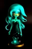Placeholder: A beautiful girl with glowing starry eyes. And with turquoise hair decorated. And full body. Holds 10 glowing glass beads with a moon inside