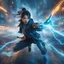 Placeholder: Photorealistic image of a fierce young Chinese woman in modern clothing style, dynamic pose, shoots a stream of blue lightning from her hands, in the middle of a city street, the girl is surrounded by many blue lightning, bioluminescent and magic dust. The image has vibrant colors, vivid contrasts and detailed octane rendering. Epic. Cinematic. Creative lighting.