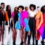 Placeholder: photo of a group of beautiful models wearing high fashion clothes posing and smiling, big smile, balenciaga, yeezy season, photorealistic photography, colourful, high contrast, in an office, dow jones, trading floor, fashion photography, high resolution, 8k, moody, hard light, gen z, wide angle lens