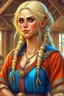 Placeholder: pretty girl, aged 25, blonde, conventionally attractive, bright clothes, medieval, viking, realism, adventurer, vampire