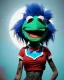 Placeholder: hybrid character, waitress sexy woman with monster muppet mask that covers her entire head, punk and blue, short shirt, tray, old school tattoo, retro style, Sesame Street style, hot, smooth, unreal engine 5, god lights, ray tracing, RTX, lumen lighting, ultra detail, volumetric lighting, 3d.