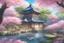 Placeholder: japonese garden and house, blue sky, fairy, flowers, trees, sunny day, pink, blue, yellow lights, 8K, extremely sharp details enlighten, soft smile, wonderful castle, majestic, art background, intricate, masterpiece, expert, insanely detailed, 4k resolution, intricate detail, soft smooth lighting, light pink blue colours, 8k, splash art, wallpaper, key visual