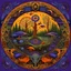 Placeholder: realistic photographic image of purple and orange mandala with forest, muschrooms, roots, trees, ferns, birds