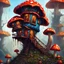 Placeholder: A weird mushroom house with drippy spots and eyeballs on a floating island. black blue red orange. Detailed gloss Painting, rich color, fantastical, intricate detail, splash screen, hyperdetailed, insane depth, concept art, 8k resolution, trendi