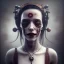 Placeholder: a cute smiling girl with her mother, red tattoo in the face, steam punk, scary, horror, realistic, made in octane, cinematic, movie, CGI, ultra-realistic, extremely detailed octane rendering, 8K, VRAY Super Real ar 2:3, dof photorealistic futuristic 50mm lens hard lighting dark gray tintype photograph, realistic lighting, sephia colors