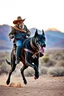 Placeholder: A monkey with cowboy custom riding on a Great Dane black dog running in the desert