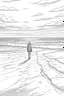 Placeholder: A solitary figure stands on an untouched, sandy beach, Footprints in the sand lead towards the horizon, symbolizing the freedom to explore and reflect in peaceful solitude.coloring book page, simple and clean line art, adult drawing book, black and white, crisp black lines, no shades, sharp lines, coloring book for adults, cartoon style, landscape