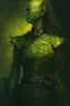 Placeholder: female yuan ti, green scales, wearing a black leather armor, dungeons and dragons