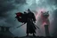 Placeholder: A cinematic fantasy warrior standing on an old rooftop under a stormy, smoke-filled sky. He wears a black samurai-style robe with a white sash and holds a long black katana glowing faintly with red energy. In his other hand, he carries a mysterious white mask with red markings. His torn black cloak flows dramatically in the wind, glowing with fiery red cracks and embers. Behind him, a massive ghostly tiger spirit emerges from the mist, roaring with power. The scene is dark and moody, illuminated