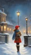 Placeholder: Painting of a cute girl in a red hat and scarf, snowfall in the background, bright night, by Thomas Kinkade