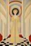 Placeholder: a woman with feathers in an Art Deco foyer by artist "Erté",by artist "Hilma af Klint"