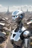 Placeholder: silver humanoid robot, with a human face, standing looking over a small alien town