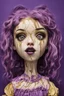 Placeholder: full color, illustration of a darkpurple and gold tones, menacing, Singer Melanie Martinez face, as a decayed, broken, crude homemade cloth doll toy, with a narrow cracked porcelain face, thick dark eyebrows, hair in two gradually, made from ragged strips of cloth, in the style of Alex Pardee, Tim Burton, and Nadya Sheremet