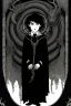 Placeholder: 7 year old boy, necromancer, friendly, looks dead,with a lamprey serpent , wearing black robes, in the style of Harry Clarke