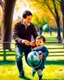 Placeholder: Papá alegre con su bebe jugando pelota en el parque felíz cuerpo completo colores contrastantes obra de arte arte impresionista impactante detallado ojos marrones pelo negro hiperrealista 8k coherente