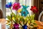 Placeholder: Coloured glass flowers set with gemstones, glittering metal stems and gemstone leaves on a room table sharp focus elegant extremely detailed intricate very attractive beautiful dynamic lighting fantastic view crisp quality exquisite detail in the sunshine gems and jewels