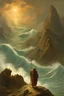 Placeholder: Moses stands on a mountain and holds a crooked wooden staff. Aaron is next to HIM, and there are a lot of Jewish people crossing the sea by land below. There are walls of water on both sides to the right and left of them. There is a silhouette of God in the sky. Everything is painted in oil painting with high-quality drawing of details