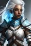 Placeholder: female air genasi from dungeons and dragons, white blue hair, wind like hair, ice blue eyes, cool brown skin, chain mail and hot leather clothing, cleric, realistic, digital art, high resolution, strong lighting, light background
