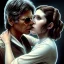 Placeholder: carrie fisher kissing harrison ford, pale skin, waist up portrait, intricate, oil on canvas, masterpiece, expert, insanely detailed, 4k resolution, retroanime style, circular reflective eyes, cinematic smooth, intricate detail , soft smooth lighting, soft pastel colors, painted Renaissance style