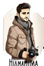 Placeholder: Illustration, young, handsome, journalist, wearing a press jacket, holding a camera, write the name Hammam Write the name of Hima