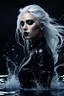 Placeholder: A beautiful Goth girl, dark black makeup, dark under eyes, white hair, action image of her braking water surface, freedom, dramatic, highly detailed, 8k, abstract