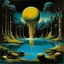 Placeholder: fat golden moon draining into a golden waterfall forming a golden reflecting pond, in a dark cyan forest, neo surrealism, by Salvador Dali.