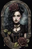 Placeholder: hyper photorealistic watercolor art style of a steampunk gothic style young woman with pale skin, big dark eyes, tiny nose, tiny mouth and messy dark hair , deep, dark colors, holding a black rose. She is gothic dressed, her expression is melancholic, surreal with mysterious elements. smooth blending, extremely detailed, realistic textures, cinematic, dramatic lighting