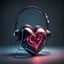 Placeholder: A heart in its natural shape radiates light, wearing a wired headset attached to a mobile phone, dark colors of the image