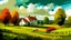 Placeholder: digital painting, A colorful painting of a rural landscape with a farmhouse, trees, and sheep grazing in a field, bold and slim lines, brush strokes