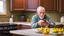 Placeholder: confused older man using cellphone in his kitchen telling the ducks and geese that surround him to "go away"