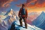 Placeholder: A perfect man having a beautiful dream standing on the top of Mount Everest painted by Julie Bell. concept art, mid shot, intricately detailed, color depth, dramatic, 2/3 face angle, side light, colorful background