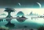 Placeholder: Alien landscape with grey exoplanet in the sky, Lagoon, vegetation, sci-fi, concept art, movie poster