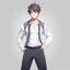 Placeholder: 1male, young, assistant, cheerful, facing the camera, center in portrait, arms to the side, standing straight, white background, trending in artstation, anime