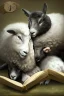 Placeholder: one black sheep reads a book on other site white sheep herd sleep going down