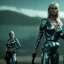 Placeholder: Ultra Realistic retro sci-fi movie war scene, waist up view portrait, blonde woman pointing a gun, sweet young Daryl Hannah face, perfect iris, glow eyes, makeup, weapon. War background, Retro sci-fi style, tight latex coat, fog, rain, soft color, highly detailed, unreal engine 5, ray tracing, RTX, lumen lighting, ultra detail, volumetric lighting, 3d, finely drawn, high definition, high resolution.