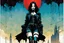 Placeholder: Create and fine print full body illustration of a Goth Girl with finely lined and detailed facial features in a ragged gothic dress ,battered combat boots, , in the graphic novel style of Bill Sienkiewicz, and Jean Giraud Moebius, precisely drawn, colored and inked