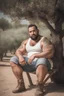 Placeholder: half figure shot photography of a marocan ugly dirty burly muscular chubby farmer 36 years old, bullneck, strong arms, big belly, manly chest, very sweat, short beard, tattoo, curly hair , short bulging pants, open legs sitting on a chair under an olive tree , big tights, barefoot, ambient occlusion, hyper detailed photography, photorealistic, 35mm lens, side light, frontal view from below, natural colors