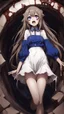 Placeholder: Anime girl with big eyes, darkblue and sepia tones, fullbody, slime, the perspective looking up from the bottom of an empty well, rolling eyes, tongue out, blood drip, open mouth, big thighs, long hair white,