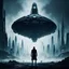 Placeholder: Ground level dark futuristic city scape. mist near the ground. silhouette of one man. he is standing next to a small spaceship