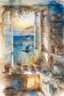 Placeholder: The kitchen of a Greek house, with a view of the sea through the window by Jean-Baptiste Monge, watercolor and ink, intricate details, fantasy, beautiful, award winning, colorful, fantastic view, crisp quality in sunshine