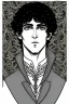 Placeholder: Black haired blue eyed freckled young male warlock in the style of aubrey beardsley