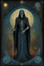 Placeholder: tarot card, tarot card text "DEATH", tarot card borders and border flourishes, styled by Dave Mckean and Zdzislaw Beksinski and Tomasz Setowski, and Paul Klee, hyperdetailed, black background, eerie, magical effects, projected surreal image of Death reaper, smooth, crimson and midnight_blue, trending on Artstation, 8k, morbid, text "DEATH".