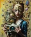 Placeholder: happy beautiful girl holding big proffesional camera in studio. street art, oil on canvas, spray paint, collage, letters, newspapeers, Dave McKean, Vladimir Fedotko, Saturno Butto, Vaughn Bodé, Frank Wu, James C. Christensen, collage, dirty, paint dripping, radiant