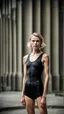 Placeholder: beautiful anorexic woman, total shot, short shiny black triathlon swimsuit, short blond wavy bob hair, blurred concrete background