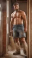 Placeholder: little strong burly beefy italian bricklayer painter 40 years old, short hair, short blond beard, shirtless in bulging overalls, big shoulders, big calves, barefeet, photorealistic, side light, inside a building under construction